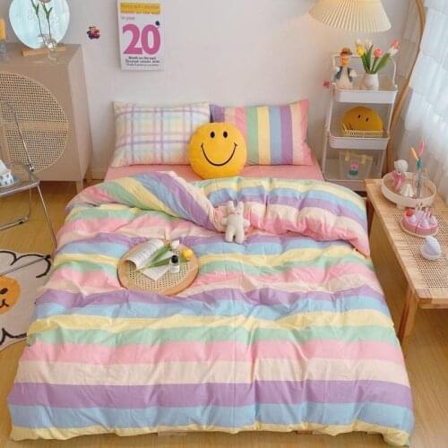 Kawaii Fashion Rainbow Bedding Set 100% Cotton Flat Bed Sheet Pillowcases Candy Luxury Korean Style Princess Full Queen Bed Sets