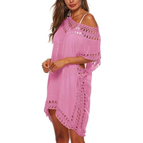 Oversized Summer Bikini Cover Up Loose Sexy Bikini Cover Up Women Bat Short Sleeve Hollow Out V Neck Cover Up Dress for Beach
