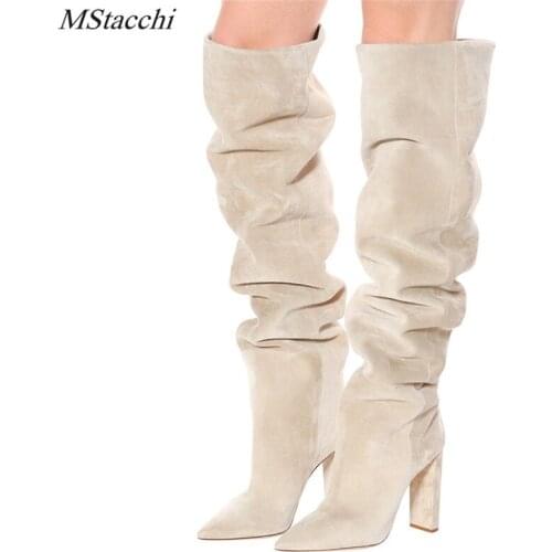 Mstacchi Fashion Pointed Solid Color Women Boots Square Heel Suede Comfortable Madam High Heel Shoes Botas Negras Mujer Designer