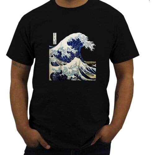 Cotton Tshirt Men Crew Neck Tops Kanagawa Japanese The Great Wave T Shirt Vintage Graphic Bigger Size Homme Black T-shirt