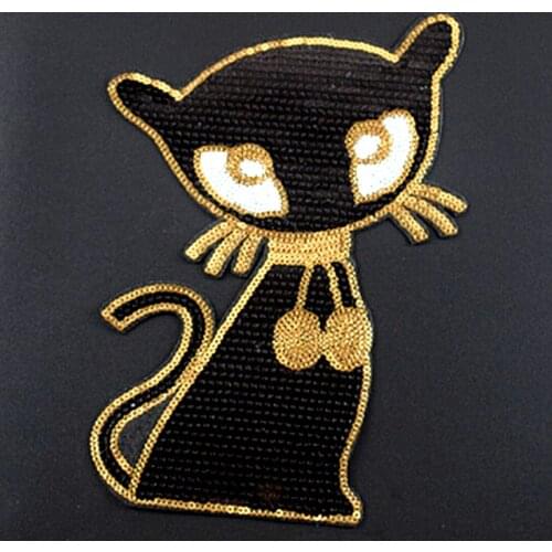 22CM Cat Iron On Patches For Clothing Black Sequins Biker Badge Embroidery Fabric Sequined Patch Clothes Stickers Strange things