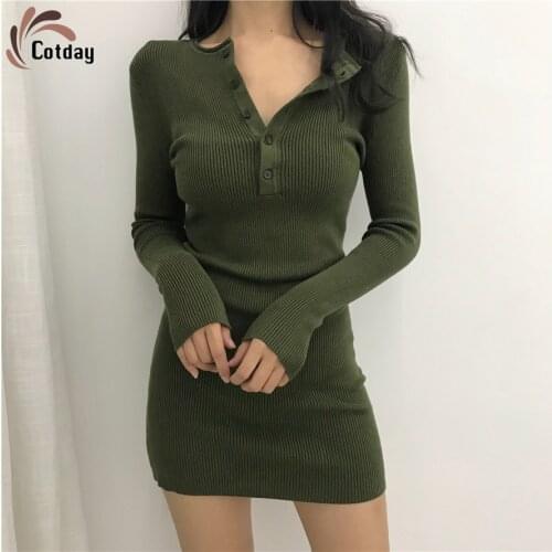 Cotday Frocks For Women Sexy Casual Spring Knit Sheath Promotion Retro Ukraine Green Mini Ladies Chest Button Bodycon Dress