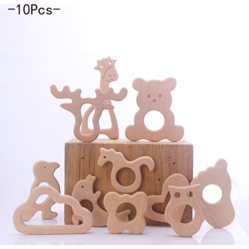10Pcs/Lot Baby Teether Animal Beech Wood Animal Shape DIY Accessories Teething Toys Baby Products Wooden Teethers Wholesale