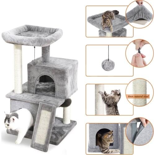 Cat Tree Luxury Cat Towers with Double Condos Spacious Perch Cat Hammock Fully Wrapped Scratching Sisal Post and Dangling Balls