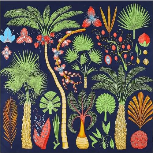 130*130cm Luxury Brand New Sago Cycas Palm Tree Design Square Scarves Large Size Twill Silk Hijab Women Bandana For Ladies Shawl