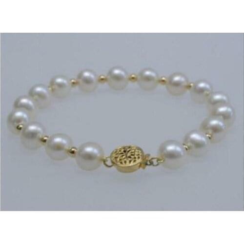 Hand knotted 8-9mm genuine white nearly round freshwater pearl bracelet golden accessories clasp