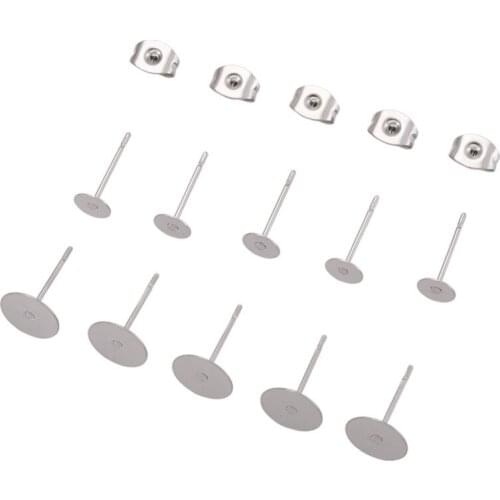 Pandahall 1Set DIY Stud Earring Jewelry with 304 Stainless Steel Ear Stud Settings and Ear Nuts Stainless Steel Color 12x5mm F80