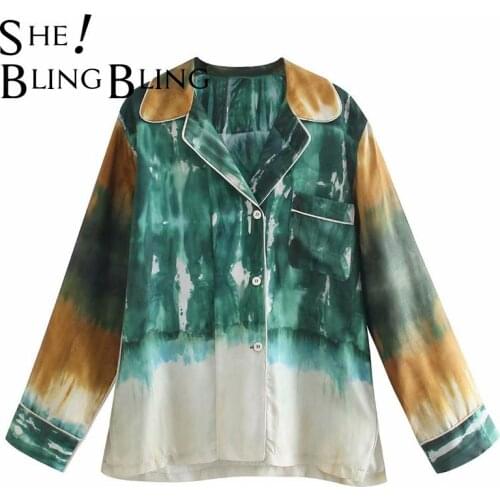 SheBlingBling Green Tie Dye Loose Shirts Summer Fashion Notched Collar Pocket Detail Women Casual Blouses Female Long Tops