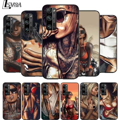 Sexy Sleeve Tattoo Girl for Huawei Honor V30 20 Pro X10 9S 9A 9C 9X 8X 10 9 Lite 8 7 Pro Silicone Soft Black Phone Case