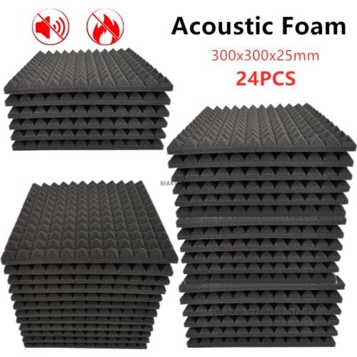 24PCS 300x300x25mm Studio Acoustic Foam High Density Flame Retardant Soundproofing Protective Sponge Pyramid Absorption Panel
