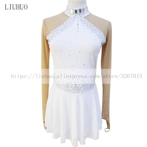Figure Skating Dress Womens Girls' Ice Skating Dress White High elastic fabric Color drill decoration Long sleeved style
