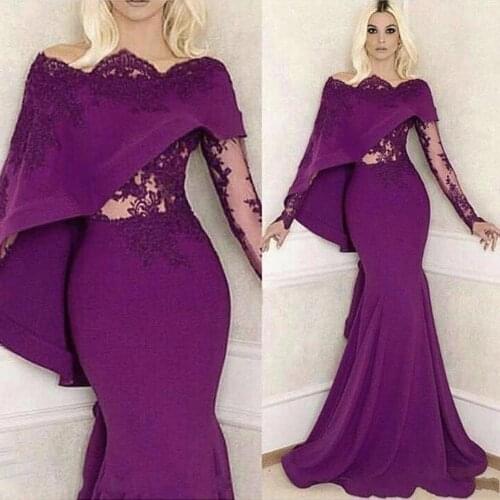 Purple Long Sleeve Mother Of The Bride Dresses With Cape Vintage Mermaid Lace Appliques Mother Evening Gowns Formal Party Dress