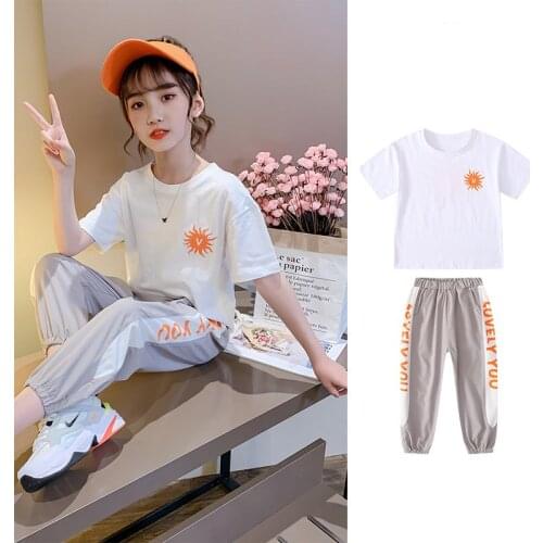 Spring Clothes For Girls T Shirt Top + Pants 2PCS Kids Short Sleeve Sport Suit For Teens Girls Casual Clothes 4 6 8 10 10 12 13Y