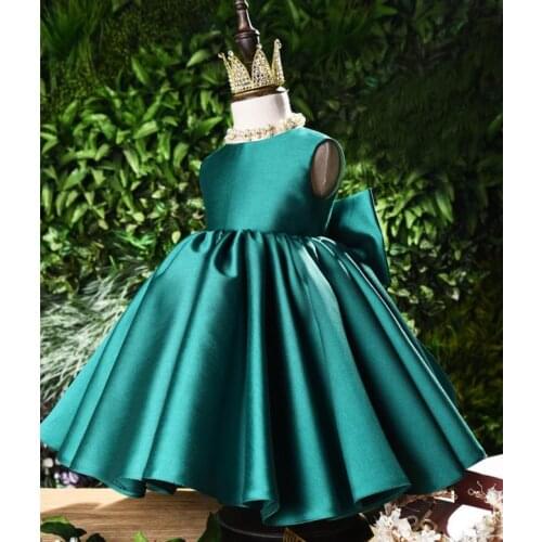 Green Baby Girl Dress Baptism Big Bow Satin Little Girl Dresses For Party Kids Birthday Frock Cloth New Year Dress Photography