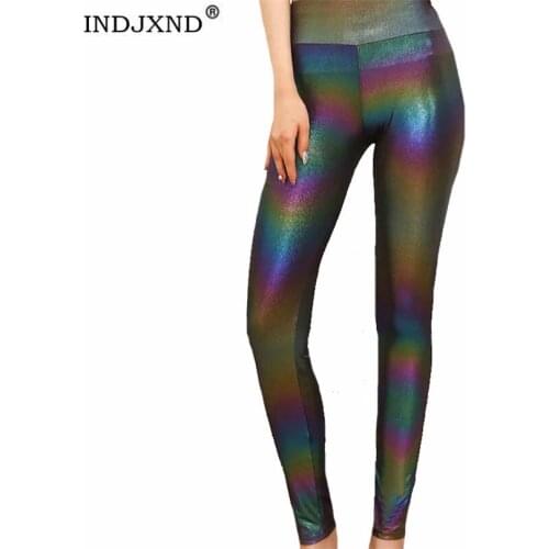 INDJXND High Waist Shining Leggings Women Black Femme Fitness Sexy Push Up Slim Colorful Gradient Outdoor Sport Tights Pants