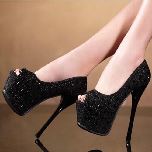 Female new summer nightclub peep toe 16cm thin high heels shallow mouth pumps with platform rhinestones sandals women sexy shoes