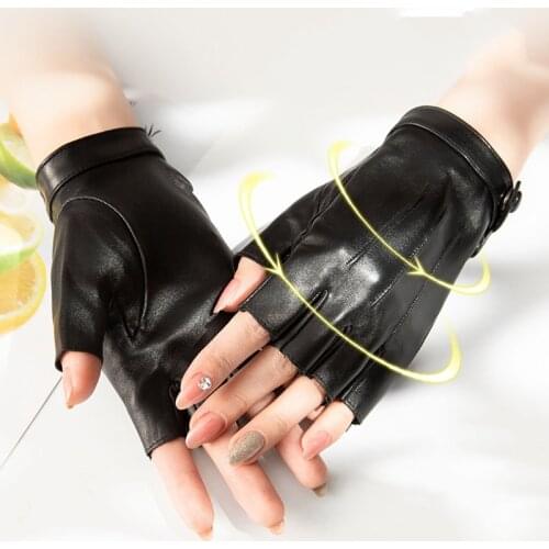 Wholesale New 2021 Womens Half Finger Real Leather Gloves Pure Sheepskin Black White Red Gray Fingerless Womens Gloves