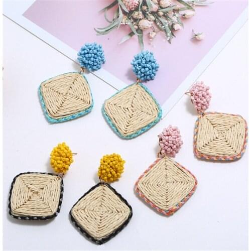 20Pair/lot Fashion Handmade Straw Woven Wooden Vine Rattan Earrings For Women Boho Resin Crystal Flower Drop Earring Gift