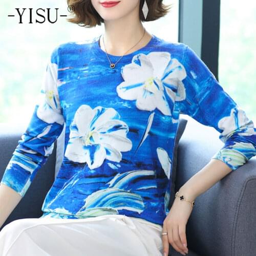 YISU Women Knitted Sweater Morning glory Printing Tops Female Long sleeve Jumper Loose Casual Knitted pullove Womens clothing