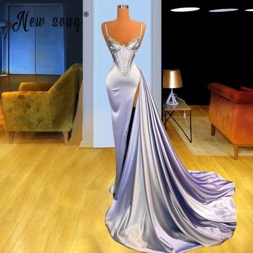 2021 Designer Sexy Purple Long Beaded Prom Dresses Summer High Slit Straps Sleeveless Satin Women Party Gown Backless