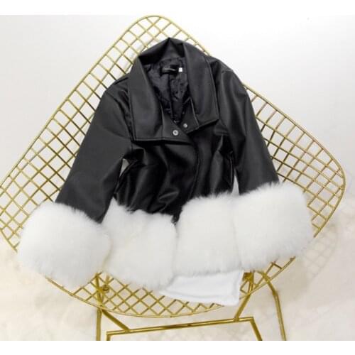 Famale 2021 Winter Elegant PU Leather Coats Women Autumn Loose Long Sleeve Turn-down Collar Patchwork Artificial Fur Short Coat