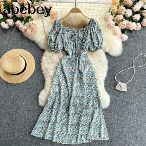 Women Korean Floral Dress Square Collar Short Sleeve A-line Dresses Summer Bohemian Print Holiday Midi Sundress