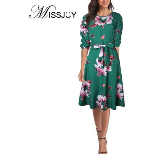 MISSJOY 2020 Summer Dresses Women A-Line With Sashes 3/4 Sleeves Printed Vintage Party Elegant O-Neck Black Green Robe Female