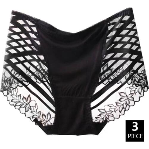 3PCS Women High Elasticity Sexy Hollow Lace Breathable Underwear Middle Waist Transparent Stripe Flower Mesh Soft Panties Breifs