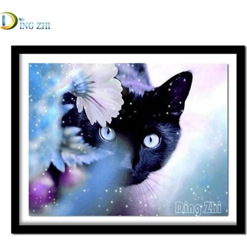 5D Diamond Painting Mosaic Modern "Animal Black Cat" Round Drill Cross Stitch Diamond Embroidery Flower Art Wall Square Decor