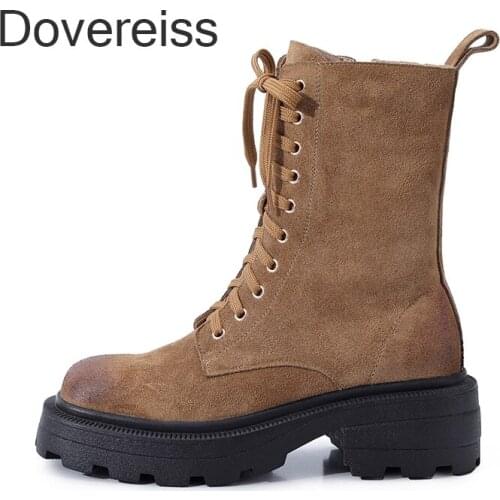 Dovereiss Fashion Genuine Leather Cross Tied Winter Sexy Zipper Brown Goth Zipper Brown Matin Boots Ankle Boots 40 41