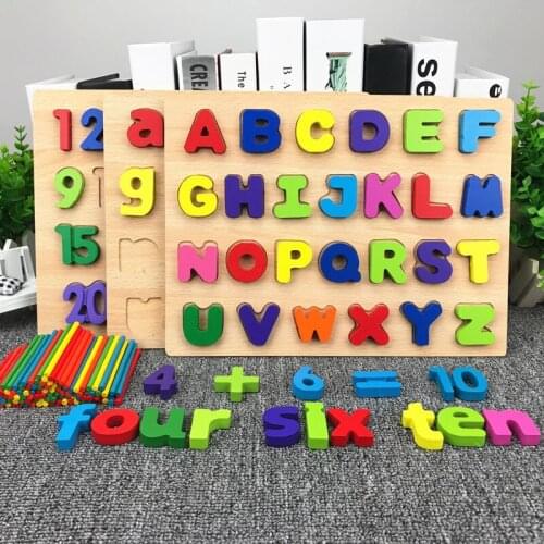 Wooden Toys Digital Alphabet Shape Matching Montessori Teaching Aids Geometric Educational 3D Alphabet Puzzle Toys Kids Gifts