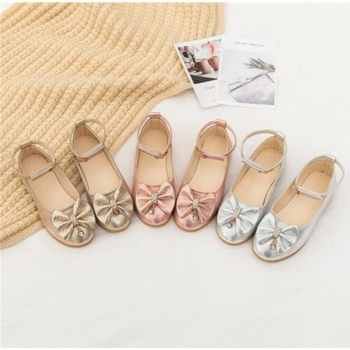 Children Gold Silver Ankle Strap Bowknot England Leather Shoes For Kids Little Girls Party Wedding Princess Shoes Shoe New 2020