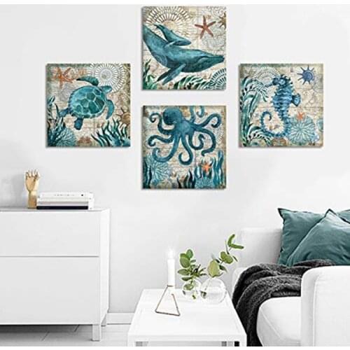 Home Wall Art Deco-Marine Themed Mediterranean Style Canvas with Frame Sea Animal Octopus Sea Turtle Seahorse Whale Picture Post