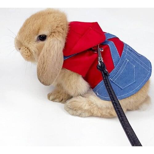Rabbit Clothes Denim Jacket Cute Bunny Vest Harness Leash Collar Rabbit Clothing Suit Ferret Bunny Hamster Small Pet Supplies