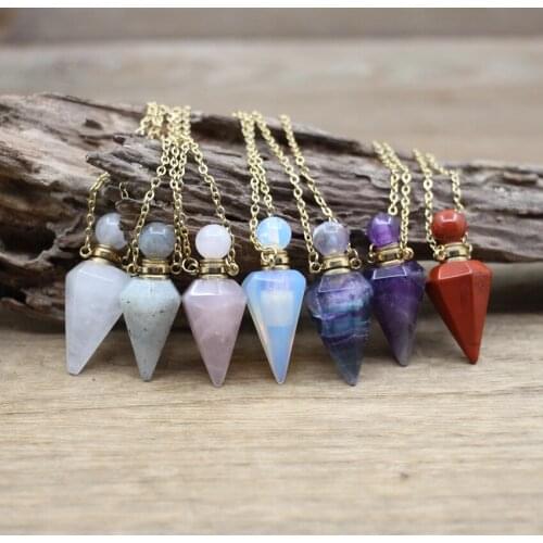 14x36mm Fluorite Amethysts Faceted Cone Pendulum Essential Oil Perfume Bottle Pendants Necklaces Rose Quartzs Labradorite QC1081
