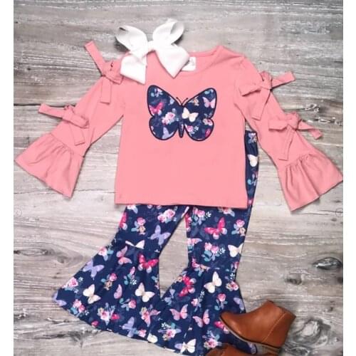 FOCUSNORM 0-5Y Lovely Infant Baby Girls Clothes Sets Butterfly Printed Bow Flare Long Sleeve Tops Pants 2pcs