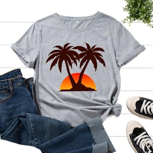 Women 100% Cotton Short Sleeve Summer T Shirt Casual Tree Plant Setting Sun Print Fashion Female Casual T-shirt Ladies Tees Tops