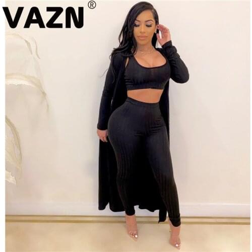 VAZN Hot Knit Set Solid Sexy Club Young Lady Of Note High-end Full Sleeve X-long Cloth Strapless Long Pant Women 3 Piece Set
