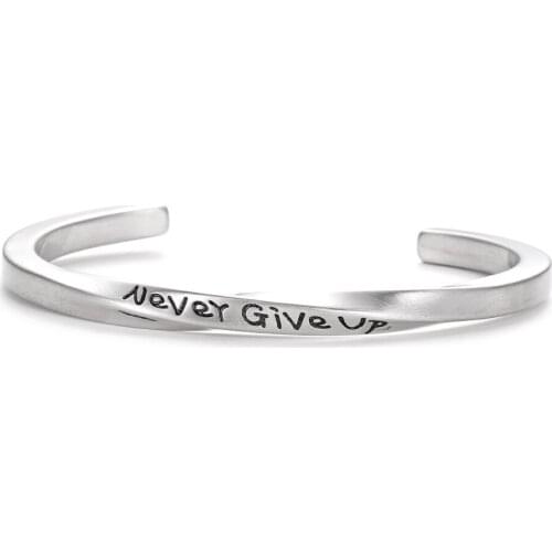 Customized Silver Engraved Never Give Up Cuff Bangle for Man and Women Punk Bangle Bracelet Titanium Steel Jewelry SS-099