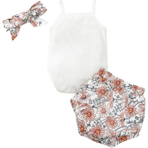 Newborn Baby Girls Three-piece Clothes Set, White Boat Neck Sleeveless Romper, Printed Pattern Shorts and Headdress