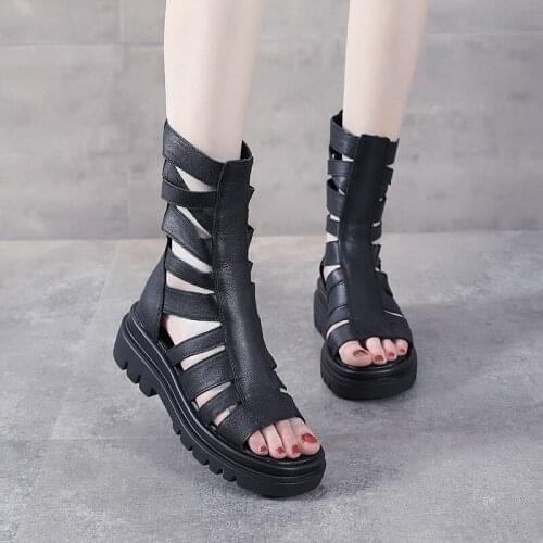 Leather high-top Roman sandals 2021 summer new female summer flat mid-heel mid-tube thick-soled hollow fish mouth cool boots