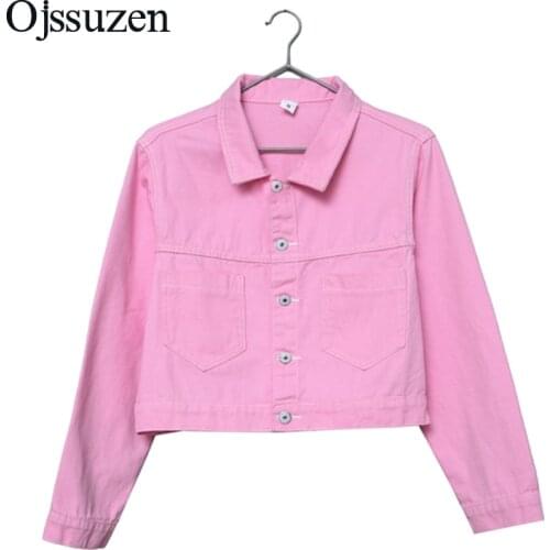 Spring Autumn Cute Coat Cropped Denim Jacket Women Short Clothing Pink Red Yellow Outerwear Ladies Long Sleeve Casual Pocket