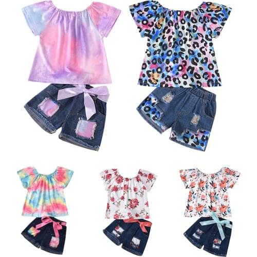 Baby Summer Clothing Infant Kids Baby Girl Tie dye Leopard Clothes set Colorful Shirt Tops Ripped Hole Denim Bottoms