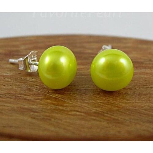 Favorite Pearl Earrings AAA 8-8.5mm Yellow Green Natural Freshwater Pearl Stud Earrings Classic Jewelry Perfect Girl Women Gift
