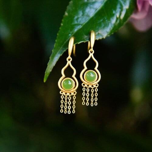 Natural Hetian Jade Green Jade Small Calabash Earrings 925 Sterling Silver Jade Eardrops Ethnic Antique Tassel Earrings