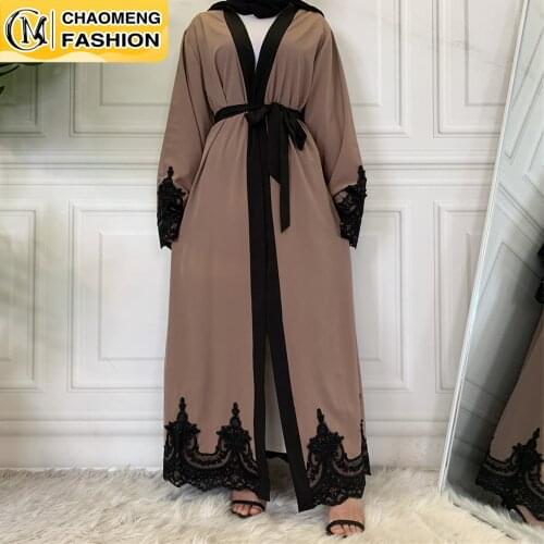 Middle East Fashion Ramadan Patchwork Lace Long Cardigan Muslim For Women Dubai Abaya Maxi Robe Kimono Turkish Islamic Clothing