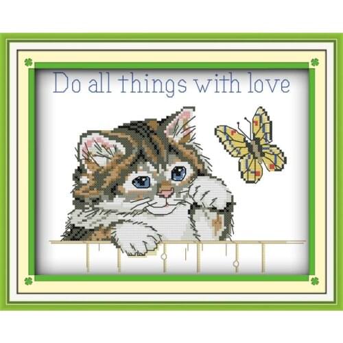 Cat And Butterfly Cross Stitch Kit Cartoon Cute 11&14CT Count Print Canvas Stitches Embroidery DIY Handmade Needlework Plus