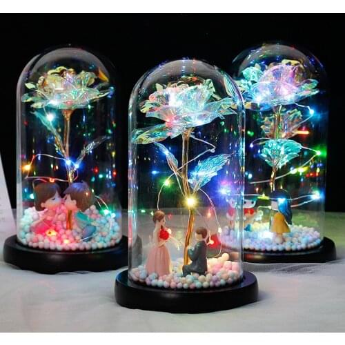 Wholesale Artificial Fake Plastic Wedding Flowers Roses LED Lamp Glass Cover Flores Sztuczne Kwiaty Valentines Day Gift