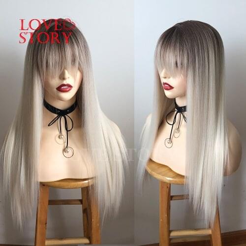 Lovestory Blonde Ombre Synthetic Machine Made Wig Silky Straight Glueless None Lace Wigs With Full bangs For Women