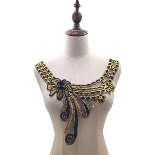 Luxury Golden 3D Rose Flowers Venise Embroidered Fabric Fake Collar Neckline Lace Applique Trim Wedding Dress Guipure Supplies